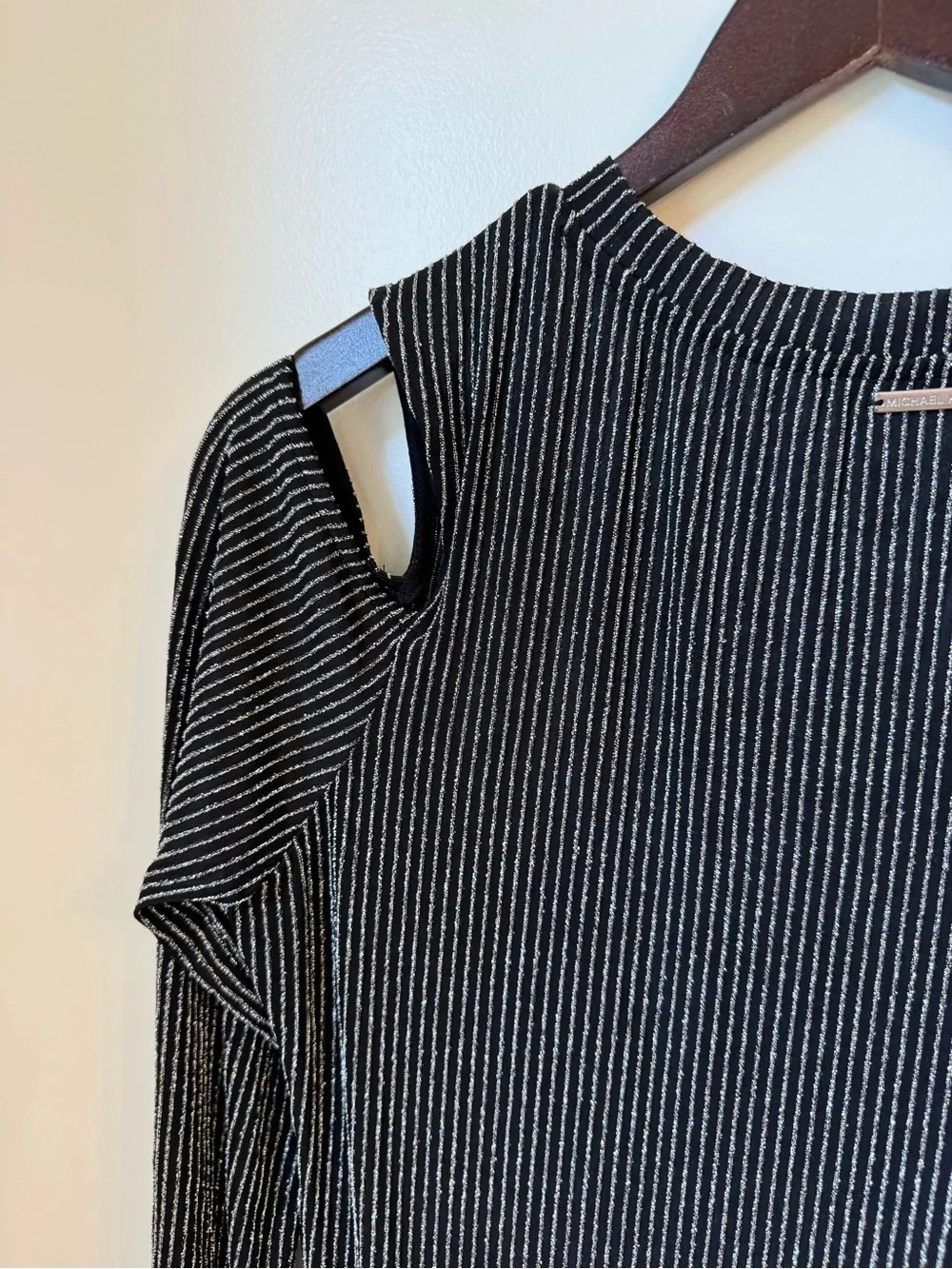 Michael Kors Black and Silver Metallic Striped Cold-Shoulder Ribbed Dress